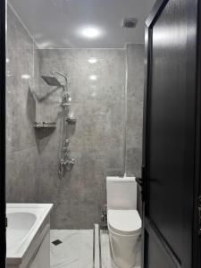 a bathroom with a toilet and a sink and a shower at Likani Stay in Borjomi +21 photos