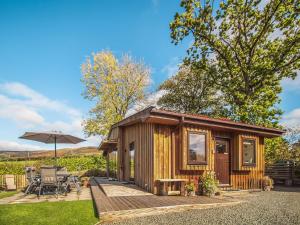 a small wooden cabin with a table and an umbrella at Ash Lodge At Lon Lodges in Nantmel