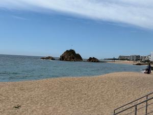 a beach with an island in the water at Lupe Mediterranean Loft,150m from the Beach Blanes Center in Blanes