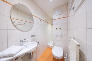 a bathroom with a sink and a toilet and a mirror at Alpenblick-Apartment mit Pool & Sauna in St. Moritz +21 photos