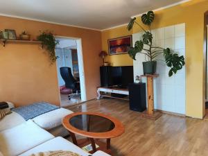 a living room with a couch and a table at Ruumikas looduslik pärl- Self check-in in Viljandi