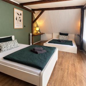 two beds in a room with green walls and wooden floors at LandOase Buchhorst in Balge