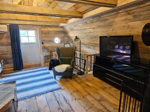a living room with wooden walls and a flat screen tv at Tolvmansgården in Enköping