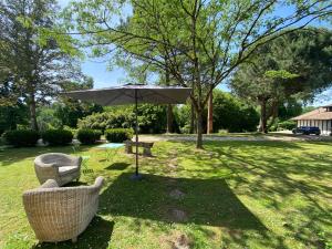 a table and two chairs and an umbrella in a yard at Gîte Landes d armagnac in Roquefort +4 photos