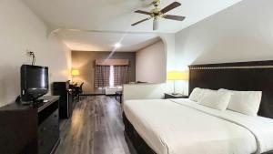 a hotel room with a bed and a ceiling fan at Studio 6 Suites Houston, TX - Spring in Houston