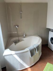 a bath tub in a bathroom with a washing machine at Vermietung Ronner in Vordernberg +21 photos