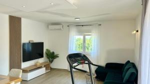 a living room with a black chair and a television at Villa Dola with private pool in Ercegovci