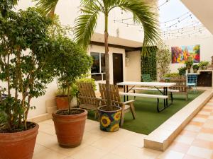 a patio with palm trees and a table and chairs at Zona Dorada Living in Mazatlán
