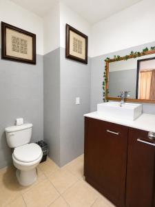 a bathroom with a toilet and a sink and a mirror at Zona Dorada Living in Mazatlán +23 photos