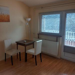 a dining room with a table and chairs and two windows at Apartman M 5 in Novi Sad