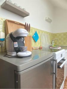 a kitchen with a mixer on a kitchen counter at Ferienwohnung Vogelsang in Undeloh