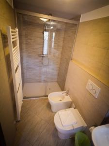 a bathroom with a toilet and a sink and a shower at Indren Hus in Alagna Valsesia +33 photos