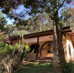 a house with a porch and a tree at Chácara Luz do Vale in Votuverava