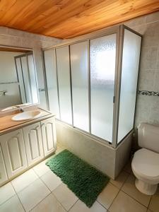 ein Badezimmer mit Dusche, Toilette und Waschbecken in der Unterkunft Impresionante casa + Starlink | Bosque y estufa in Pucón + 15 Fotos