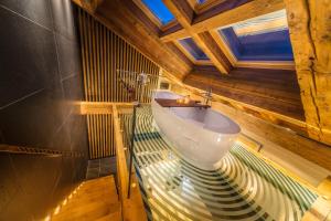 a bathroom with a toilet in a room with wooden walls at Hotel Bellerive in Zermatt