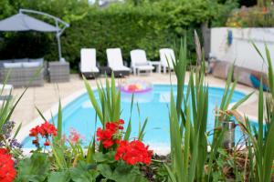 a pool with chairs and red flowers in a garden at Apartment 2 in Torquay