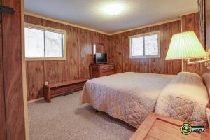 a bedroom with a bed and a tv and two windows at Villa #8 in Basye +16 photos