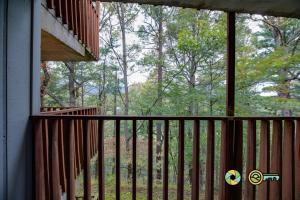 a screened in porch with a view of the woods at Senedo Springs Condo #2-202 in Basye