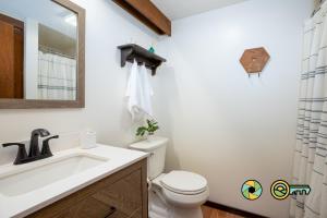 a bathroom with a toilet and a sink and a mirror at The Hill T-19: Eagle's Nest in Basye +66 photos