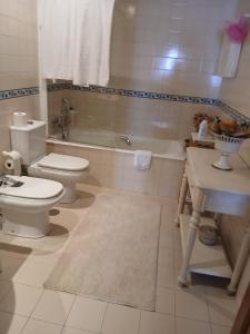 a bathroom with a toilet and a tub and a sink at Casa Rural in Esposende +38 photos