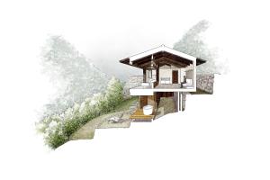 a rendering of a small building on a mountain at Satologue in Okutama