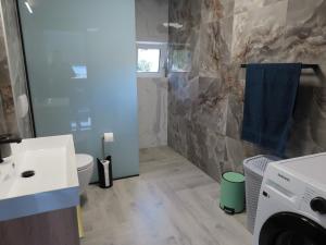 a bathroom with a toilet and a blue towel at Bellavista in Strožanac +21 photos
