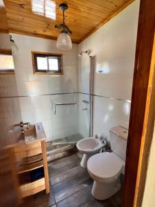 a bathroom with a toilet and a sink and a shower at Cabañas Los Robles Premium in Villa Quillinzo +15 photos