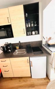 a kitchen with a sink and a microwave at Le studio terrasse Béthunois - Appart hôtel centre climatisé - All confort in Béthune