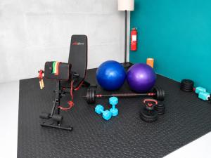 a room with a gym with weights and balls at Astrid Lofts in Ipoh