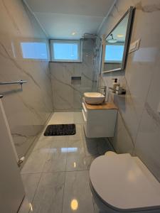 a white bathroom with a toilet and a sink at Guesthouse Ema in Bohinj +24 photos