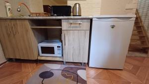 a kitchen with a refrigerator and a microwave at Eco Cottage Rose in Borjomi