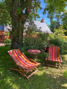 two chairs and a table in a yard with a tree at La MaiZon in Lazenay