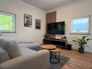 a living room with a couch and a tv at Ferienhaus Lenz in Kalenborn