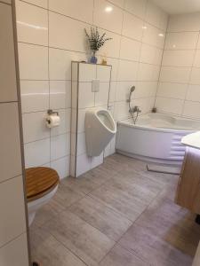 a bathroom with a urinal and a toilet and a tub at Shine Home in Klagenfurt +28 photos