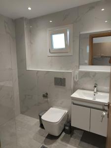 a white bathroom with a toilet and a sink at Fox Studios in Paralia Sikias