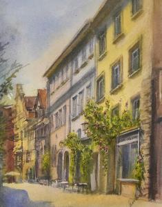 a painting of a street with a yellow building at FeWo3 in Lindau