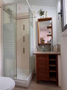 a bathroom with a sink and a shower at casa serena in Lumio