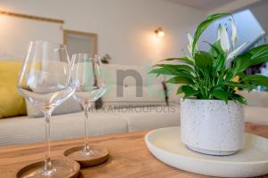 two wine glasses and a potted plant on a table at Casa Cyra in Alexandroupoli