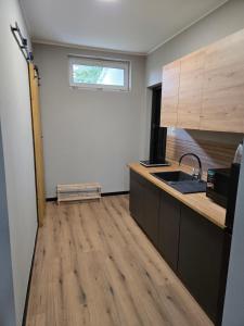 a kitchen with a sink and a counter top at Apartament 1 w Leśnym Zaciszu in Czertyń