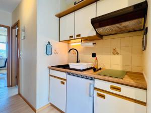 a kitchen with white cabinets and a sink at Fewo Seeresidenz auf Scheid in Waldeck