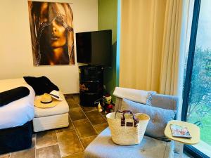 a living room with a bed and a tv at Une Parenthèse in Barbentane