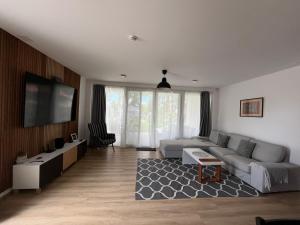 a living room with a couch and a flat screen tv at Ala'Toboz Siófok in Siófok