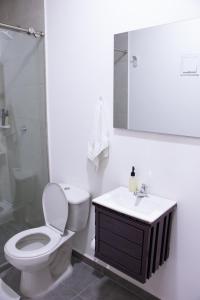 a bathroom with a toilet and a sink and a mirror at Komfort House Premium in Medellín +13 photos