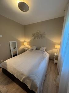 a bedroom with a bed and two tables and two lamps at Casa del Sole in Dangio