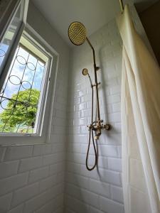 a shower in a bathroom with a window at Casa del Sole in Dangio