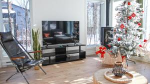 a living room with a christmas tree and a television at Chalet Arianna in Pont-Rouge