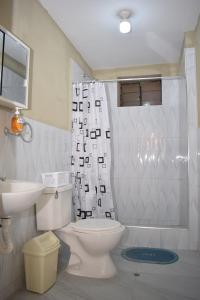 a bathroom with a toilet and a sink and a shower at Los Portales de Yungar Ecolodge Huaraz in Carhuaz +42 photos
