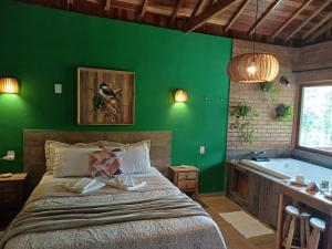 a green bedroom with a bed and a bath tub at Pousada Recanto Lajinha - Chalé Amor Eterno in Visconde De Maua