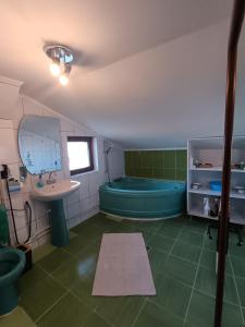 a bathroom with a blue tub and a sink at Proprietate privata in Lazu