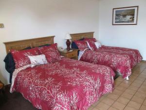 two beds in a bedroom with red comforter at Mayflower Motel Milford in Milford
